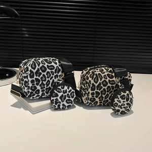 Leopard Print Canvas Shoulder Bag And Round Pouch Vintage French Chic Trendy Wide Strap Gold Hardware Daily Fashion