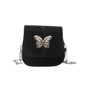 Elegant mini black crossbody bag with silver butterfly clasp and metal chain strap