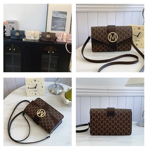 Detail view of leather crossbody bags with metal M buckle and logo print in four colors