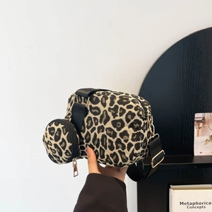 French vintage leopard print canvas shoulder bag set with round coin purse and gold hardware