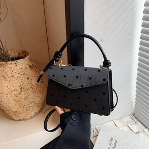Vintage gray polka dot crossbody bag with black handle and bow, korean style small square purse