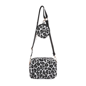 French vintage leopard print shoulder bag set with small round pouch and wide strap
