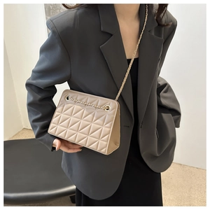 Detail showing beige quilted crossbody bag with gold chain strap on a model shoulder