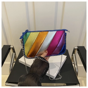 Detail of a vibrant rainbow metallic striped crossbody bag with a silver chain strap
