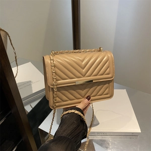 Quilted khaki leather chain shoulder bag with gold hardware and V-shaped stitching pattern