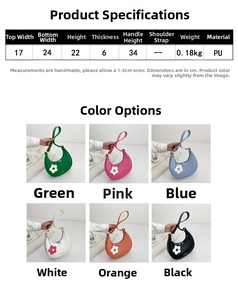 Size chart and color display of minimalist crescent handbag with floral charm