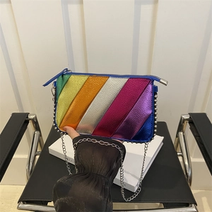Rainbow patchwork chain crossbody bag with silver bead trim and metallic finish leather