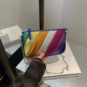 Rainbow striped crossbody flap bag with silver chain strap and metallic finish