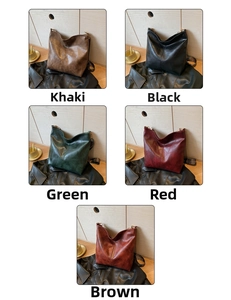 Collage of large retro tote bags in five colors with wide patterned shoulder straps