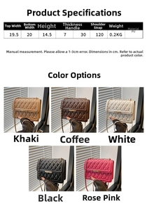 Detailed size chart and multi-color options for quilted PU leather crossbody square bag