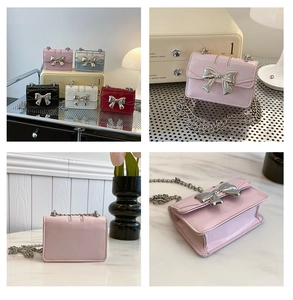 Detailed collection of mini bow crossbody bags in pink silver black white and red colors