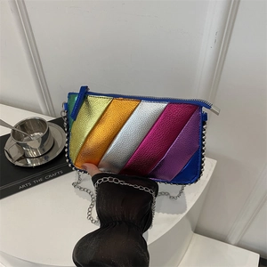 Rainbow striped metallic leather crossbody bag with silver chain strap and beaded trim