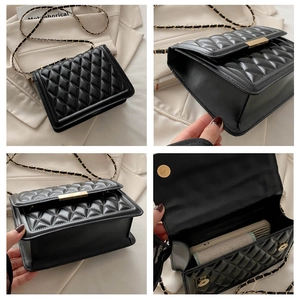 Detailed views of black quilted crossbody bag with gold chain strap and interior space