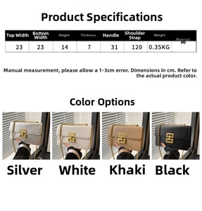 Detailed size specifications and color options for the chain shoulder flap bag