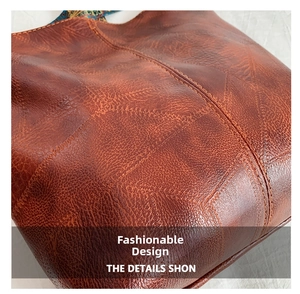 Detail of dark caramel vintage tote bag featuring chevron stitching and floral scarf decor