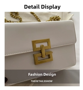 Close-up of white square flap bag with vintage gold metal clasp and chunky chain strap