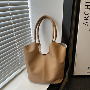 Caramel lychee grain leather bucket tote bag with vertical stitching for women