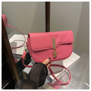 Detail shot of a pink saddle bag featuring a vertical gold metal lock and fine stitching