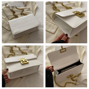 Detailed views of a white chain shoulder bag with gold hardware and interior capacity