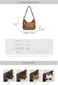 Detail of woven strap tote bag with size dimensions and multi-color product display
