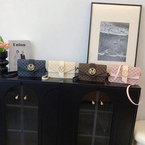 Women Letter Monogram Print PU Leather Shoulder Bag Small Square Crossbody Bag With Golden M Metal Buckle