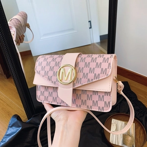 Pink underarm bag with M letter prints and gold round metal buckle decoration