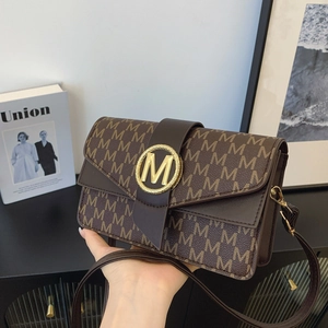 Chic brown square underarm bag with M letter print and gold metal buckle detail