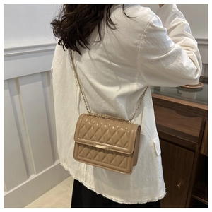 Close-up of quilted crossbody bag with gold metal chain strap and luxury finish