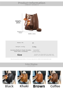 Detailed size chart for the PU leather bucket bag with dimensions and specifications