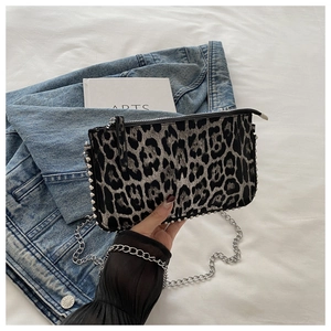 Leopard print crossbody bag with silver chain strap and studded edges detail