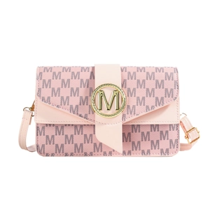 Pink PU crossbody bag with M letter monogram print and golden metal circular buckle