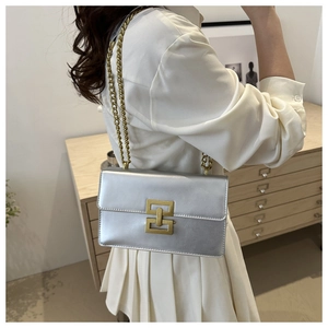 Detail of silver flap bag featuring double gold square buckles and fine chain strap