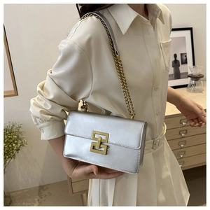 Silver leather chain flap bag with gold interlocking buckle shown on model shoulder