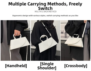 Three-way carry view of a white leather crossbody bag with silver cutout handle