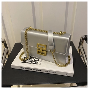 Detail of silver metallic rectangular bag with vintage gold lock and fine chain strap
