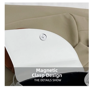 Detail of the silver magnetic closure on a minimalist white leather crossbody bag