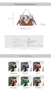 Detailed view of snake skin crossbody bag with size specifications and six color options