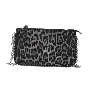 Silver leopard print shoulder bag with metallic chain strap and studded bottom trim
