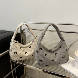 Corduroy Underarm Bag For Women Retro Bow Knot Quilted Hobo Bag Half Moon Shoulder Bag Sweet French Style