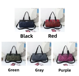 Multi-color camo duffel bags with adjustable straps shown in five stylish variations