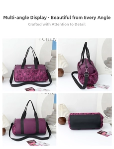 Detailed four-view of large purple camouflage nylon travel bag with crossbody strap