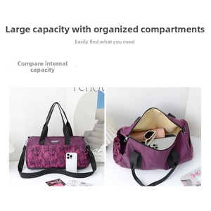 Internal layout of purple camo travel bag showing storage for phone, glasses and water bottle