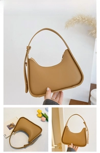 Detailed views of the khaki underarm bag featuring a smooth leather texture and zipper