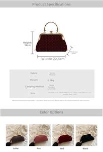 Size chart for shell chain bag with detailed dimensions and multiple color options
