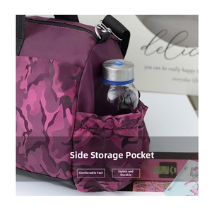 Detail view of the nylon travel bag showing a side elastic pocket for a water bottle