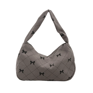 Grey corduroy shoulder bag with quilted rhombic patterns and black bow prints