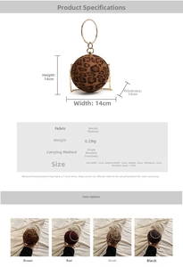 Detail view of spherical leopard print evening bag with chain strap and color options