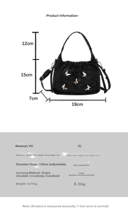 Tabella taglie borsa a nuvola nera in PU con dimensioni 19cm x 15cm x 7cm e dettagli