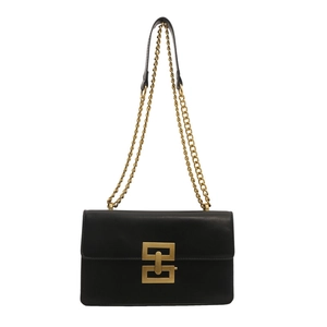 Chic black leather shoulder bag with vintage gold hardware and elegant chain strap
