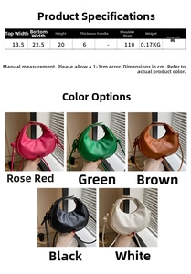 Detailed size chart and five color variants for the PU leather crescent dumpling bag
